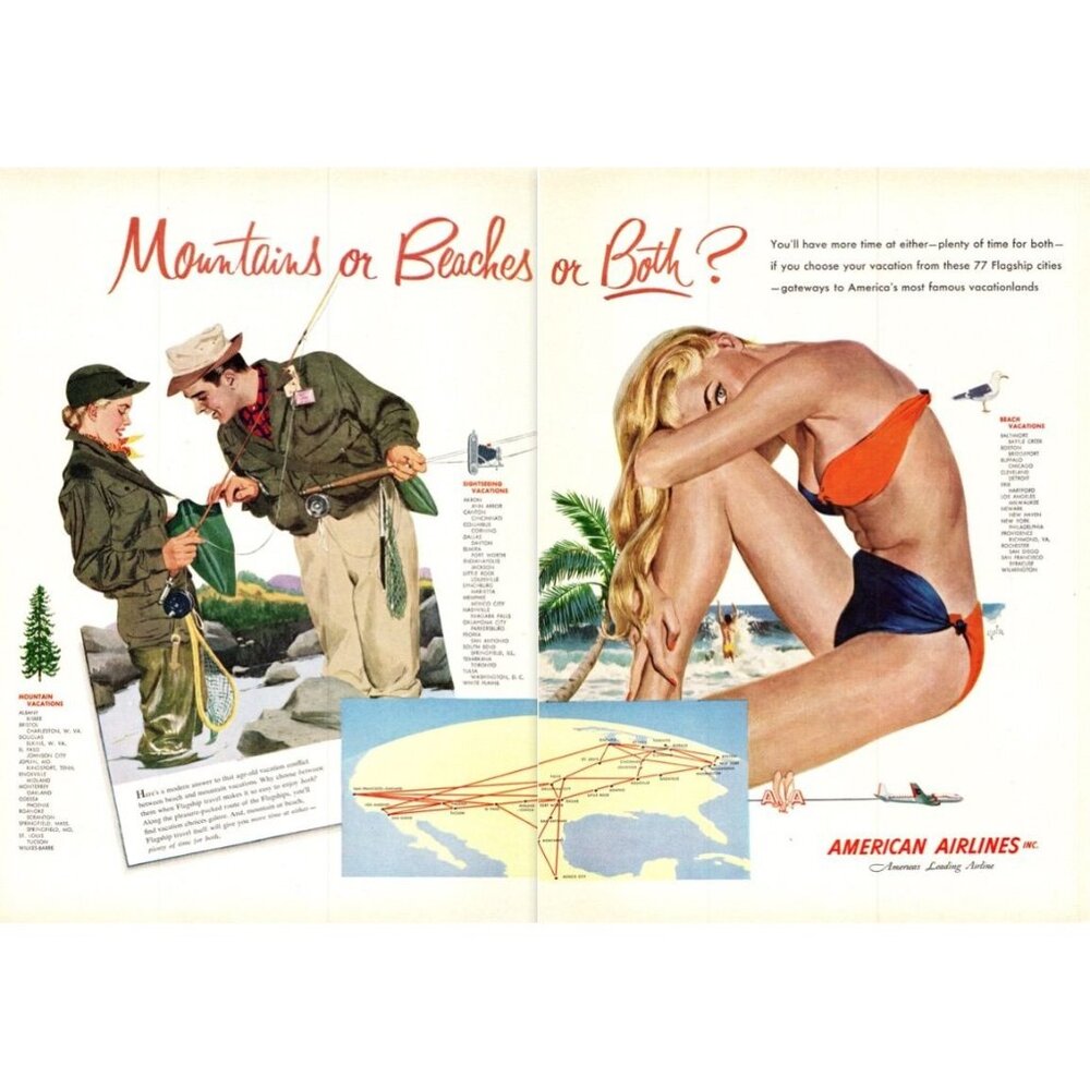 1952 American Airlines Mountains or Beaches 2pg Vintage Print Ad 50s Wall Art